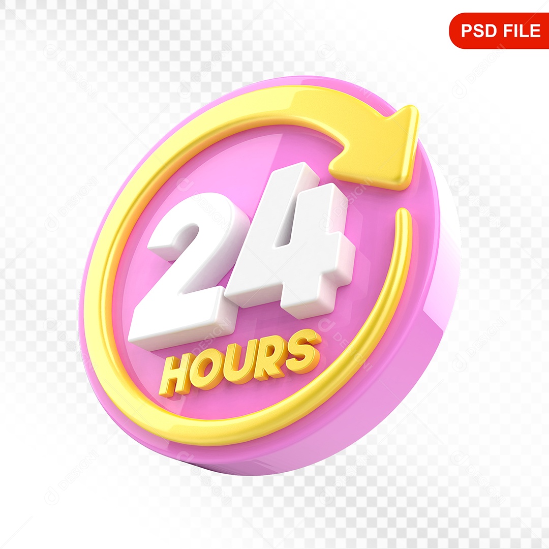 Elemento 3D Ícone 24 Hora Rosa e Amarelo Para Composição PSD