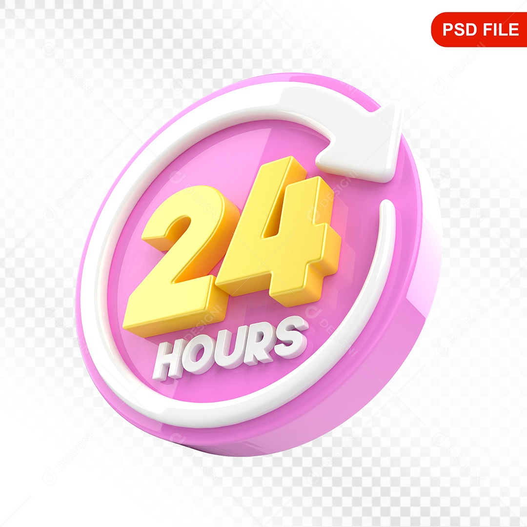 Elemento 3D Ícone 24 Hora Rosa e Branco Para Composição PSD