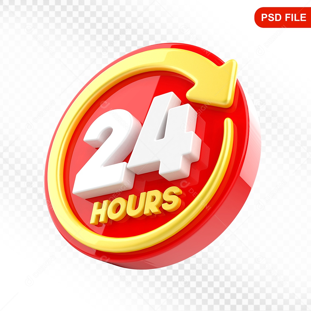 Elemento 3D Ícone 24 Hora Vermelho e Amarelo Para Composição PSD