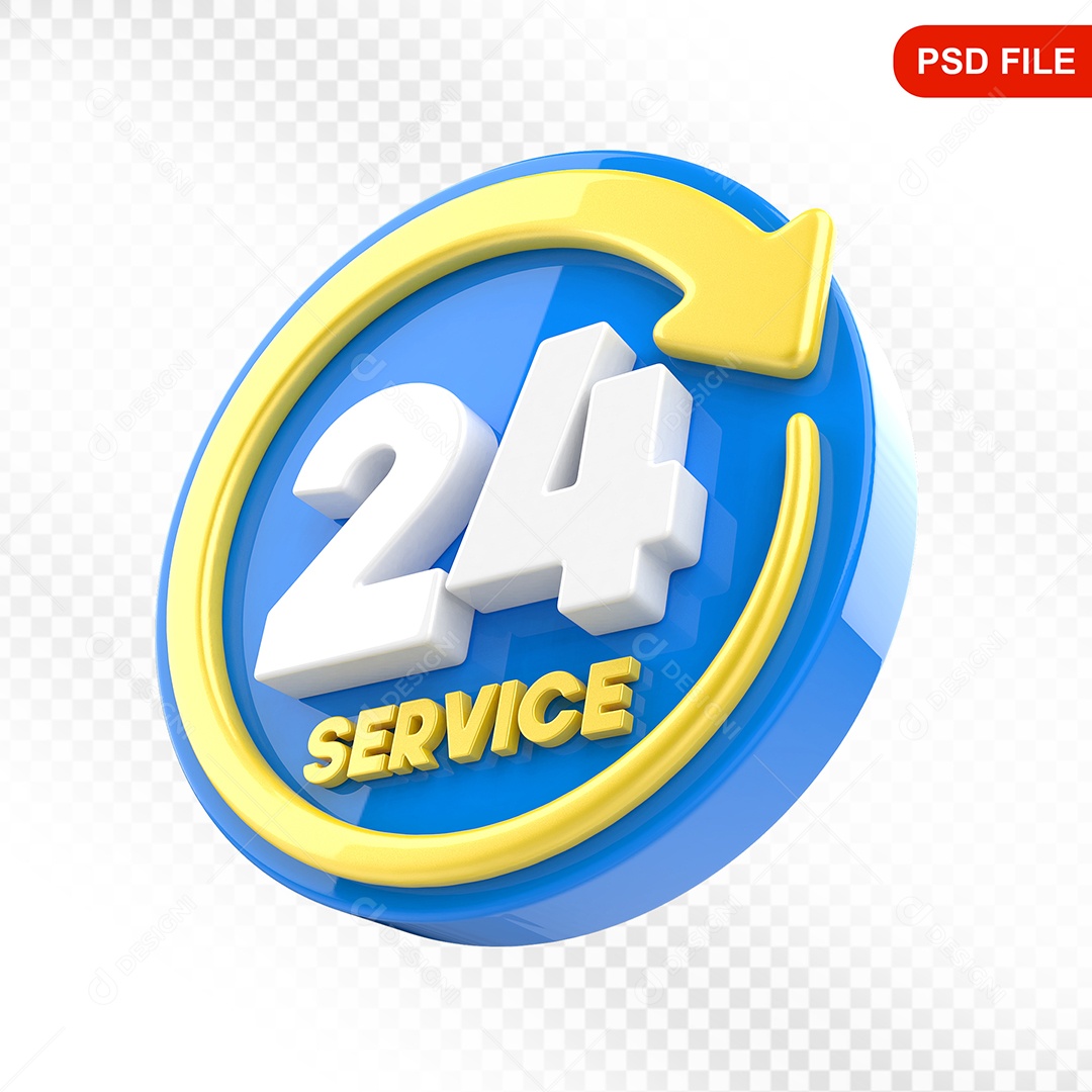 Elemento 3D Ícone Serviço 24 Hora Azul e Amarelo Para Composição PSD