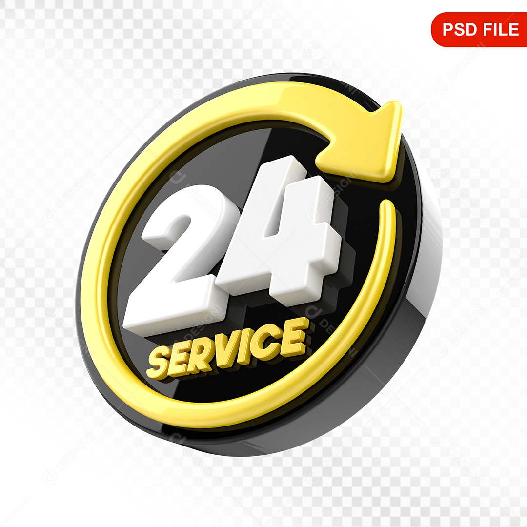 Elemento 3D Ícone Serviço 24 Hora Preto e Amarelo Para Composição PSD