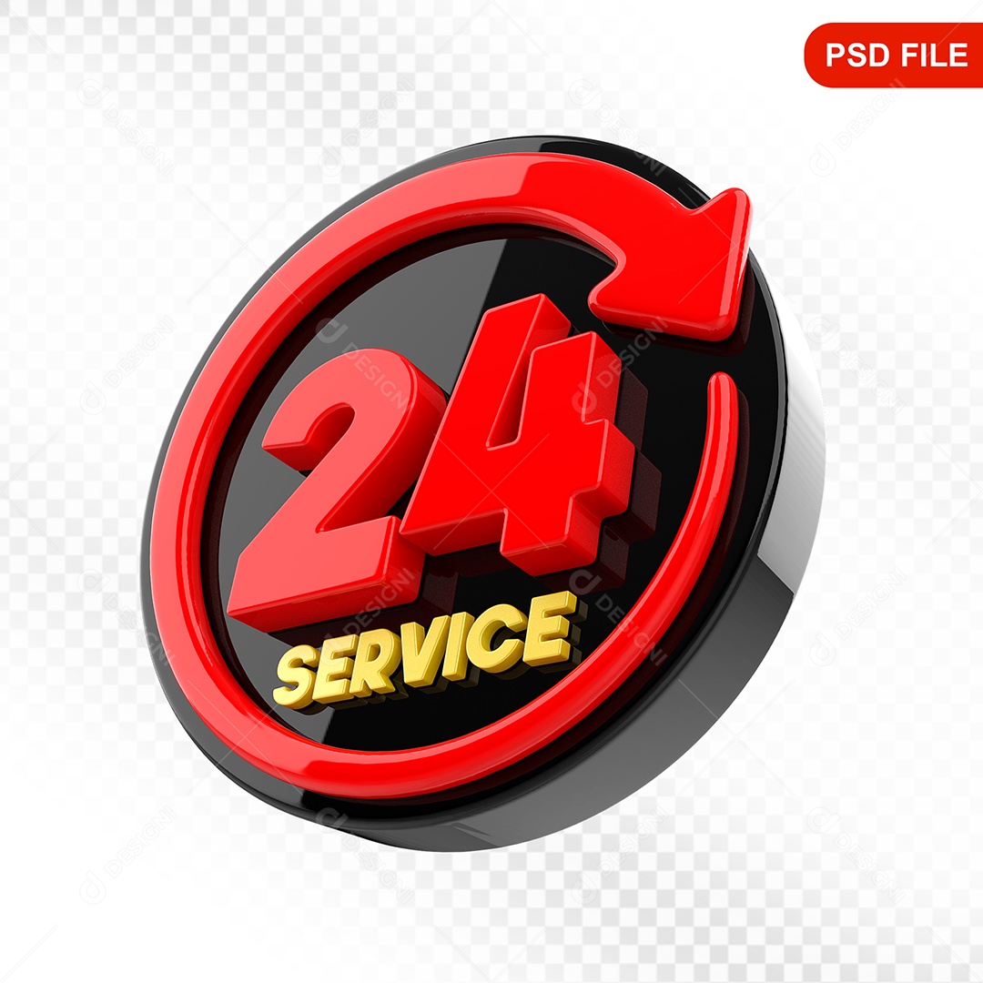 Elemento 3D Ícone Serviço 24 Hora Preto e Vermelho Para Composição PSD