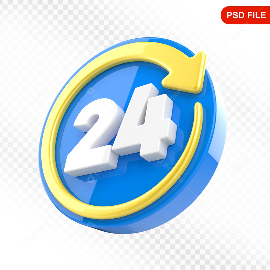 Elemento 3D Ícone 24 Hora Azul e Amarelo Para Composição PSD