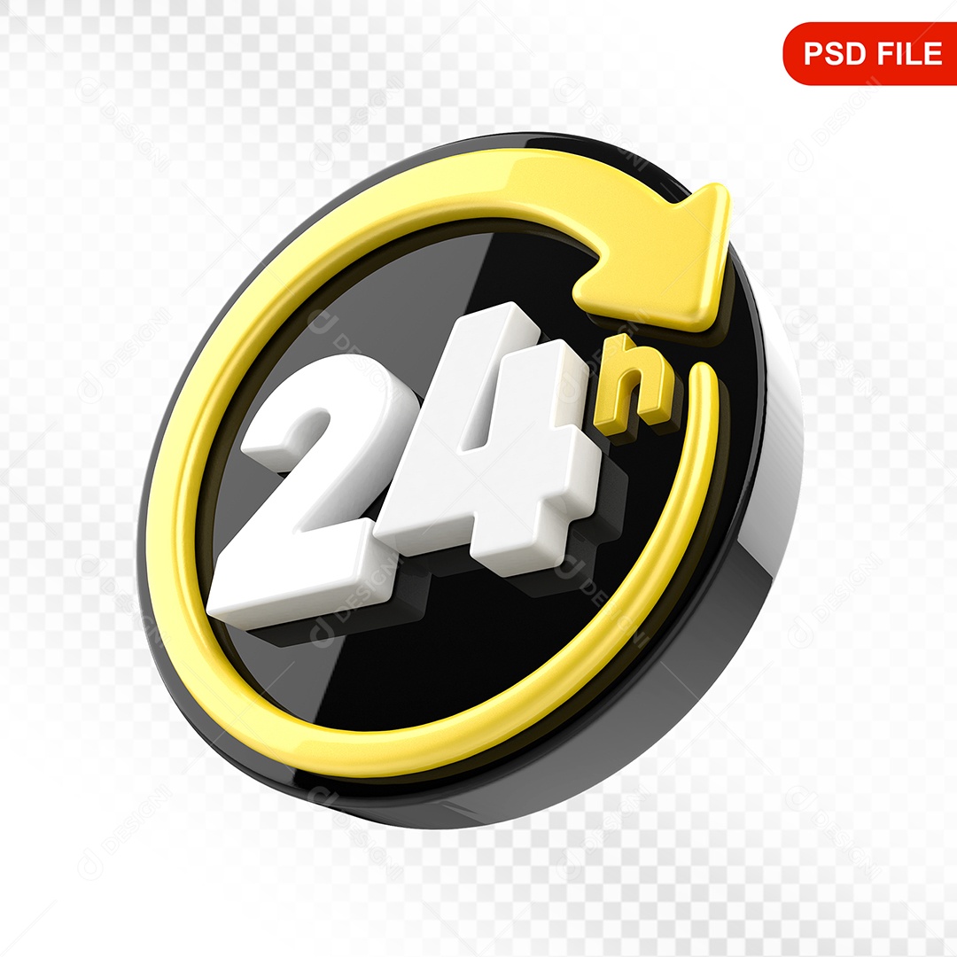 Elemento 3D Ícone 24 Hora Preto e Amarelo Para Composição PSD