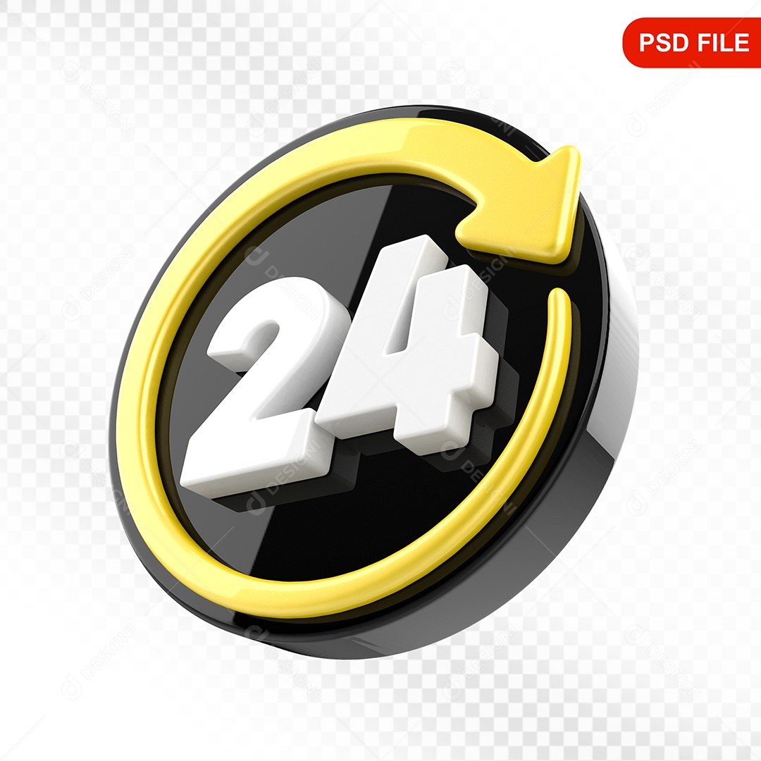 Elemento 3D Ícone 24 Hora Preto e Amarelo Para Composição PSD