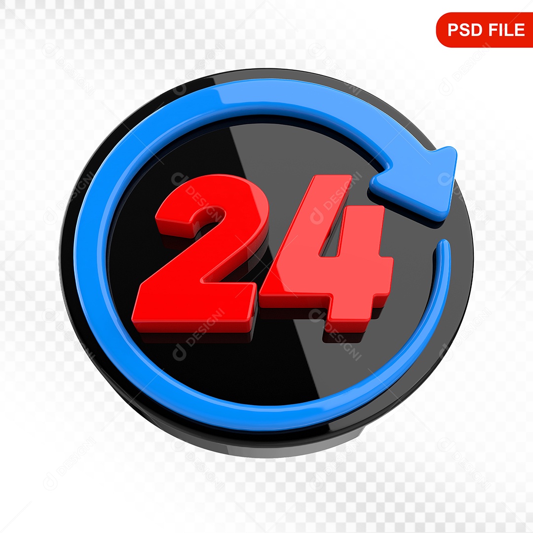 Elemento 3D Ícone 24 Hora Preto e Azul Para Composição PSD