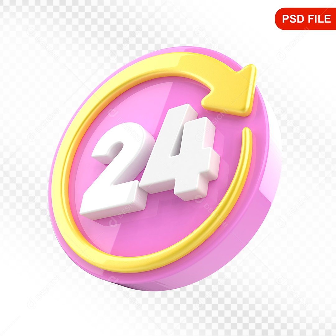 Elemento 3D Ícone 24 Hora Rosa e Amarelo Para Composição PSD