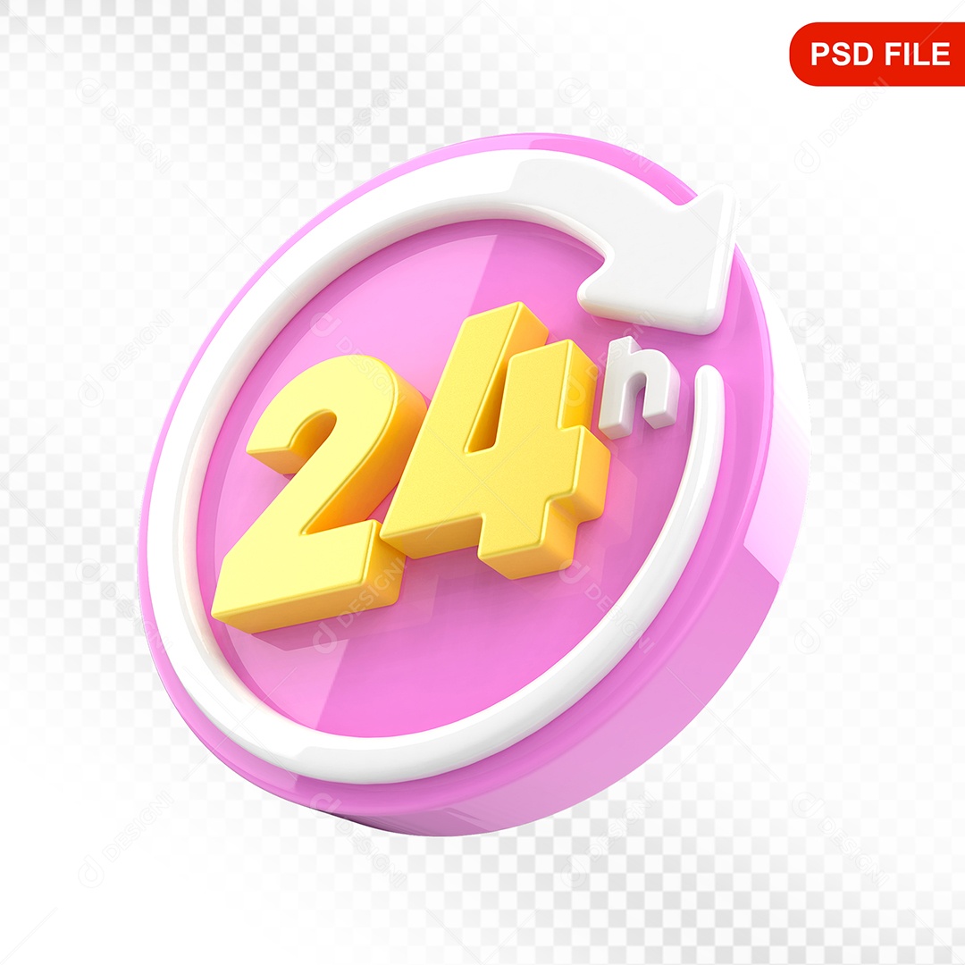 Elemento 3D Ícone 24 Hora Rosa e Branco Para Composição PSD