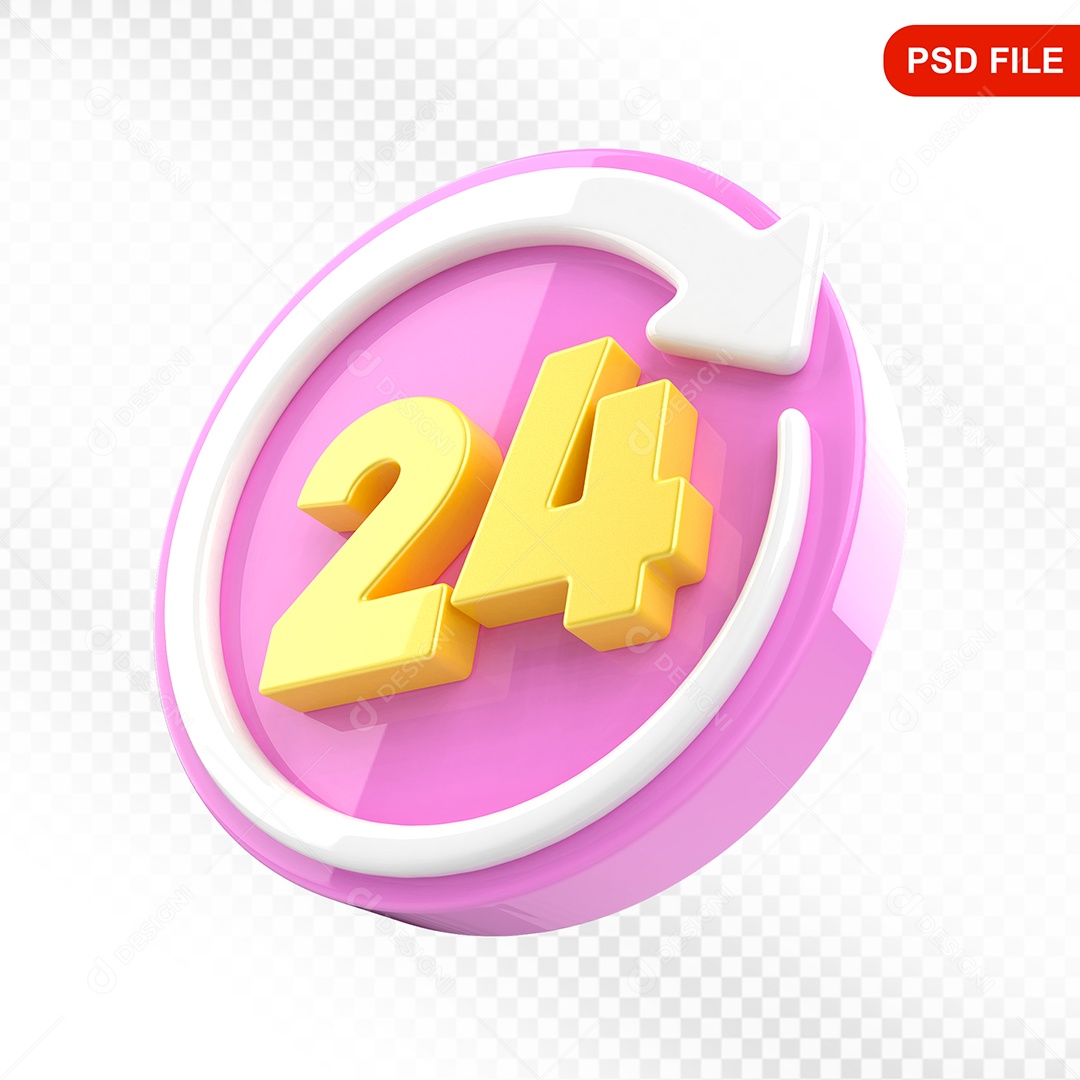 Elemento 3D Ícone 24 Hora Rosa e Branco Para Composição PSD