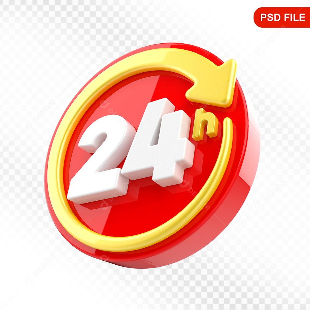 Elemento 3D Ícone 24 Hora Vermelho e Amarelo Para Composição PSD