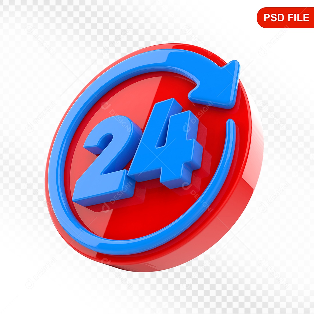 Elemento 3D Ícone 24 Hora Vermelho e Azul Para Composição PSD