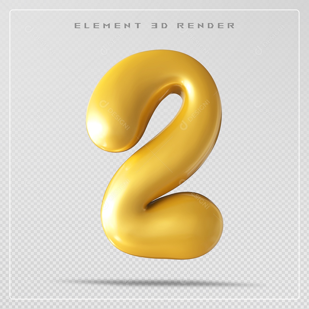 Elemento 3D Número 2 Dourado para Composição PSD