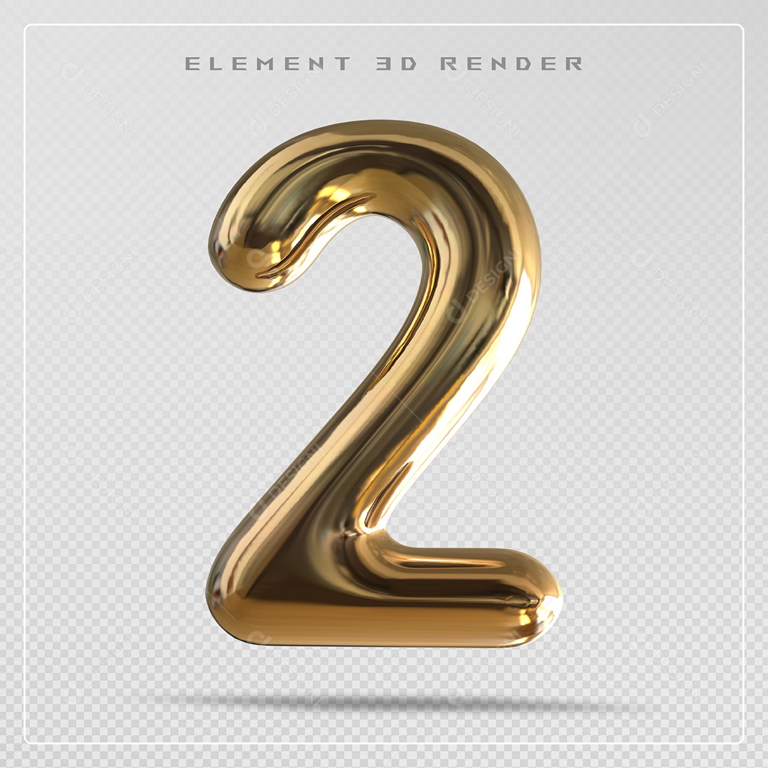 Elemento 3D Número 2 Dourado para Composição PSD