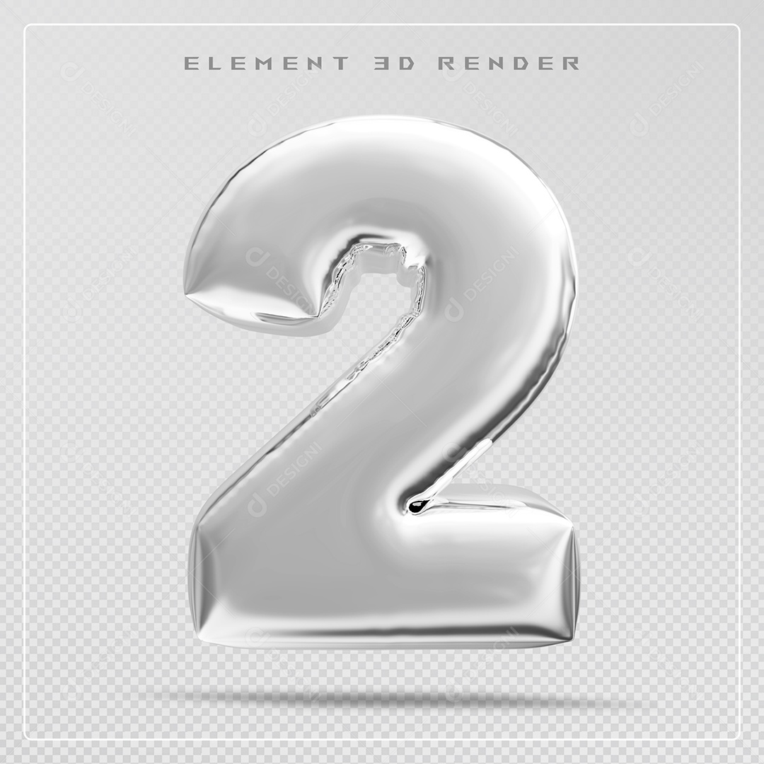 Elemento 3D Número 2 Prata para Composição PSD