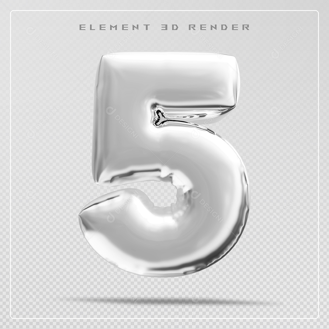 Elemento 3D Número 5 Prata para Composição PSD