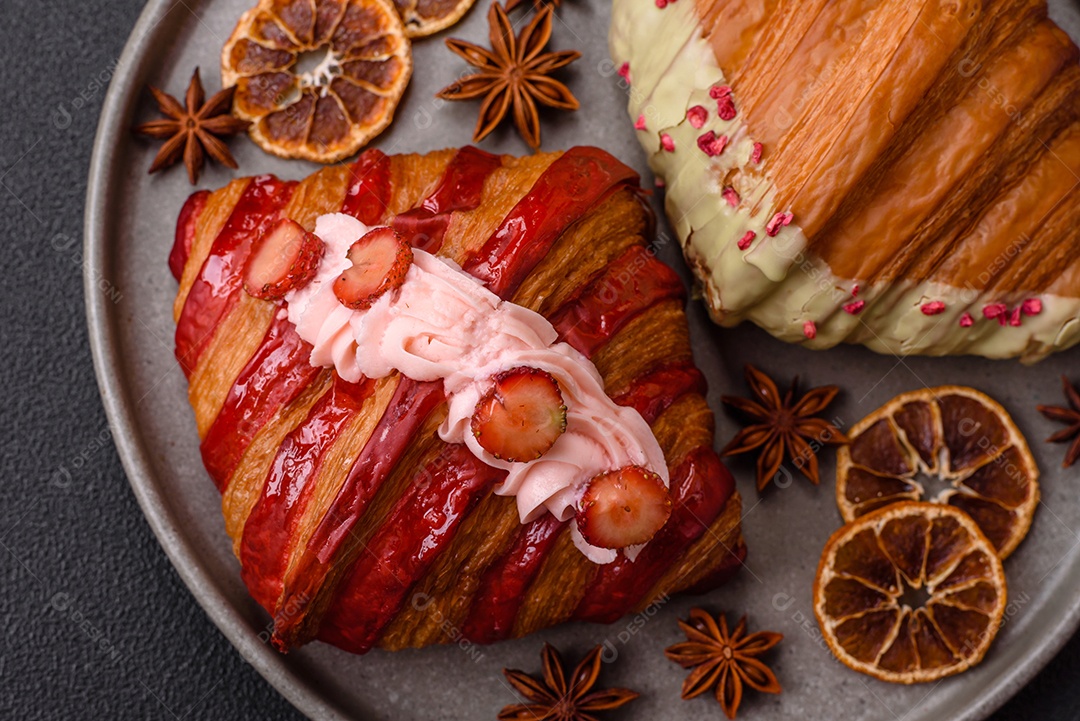 Delicioso croissants em uma mesa de concreto