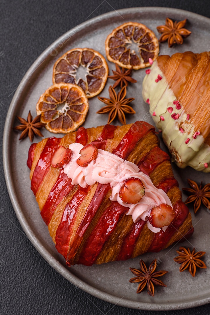 Delicioso croissants em uma mesa de concreto