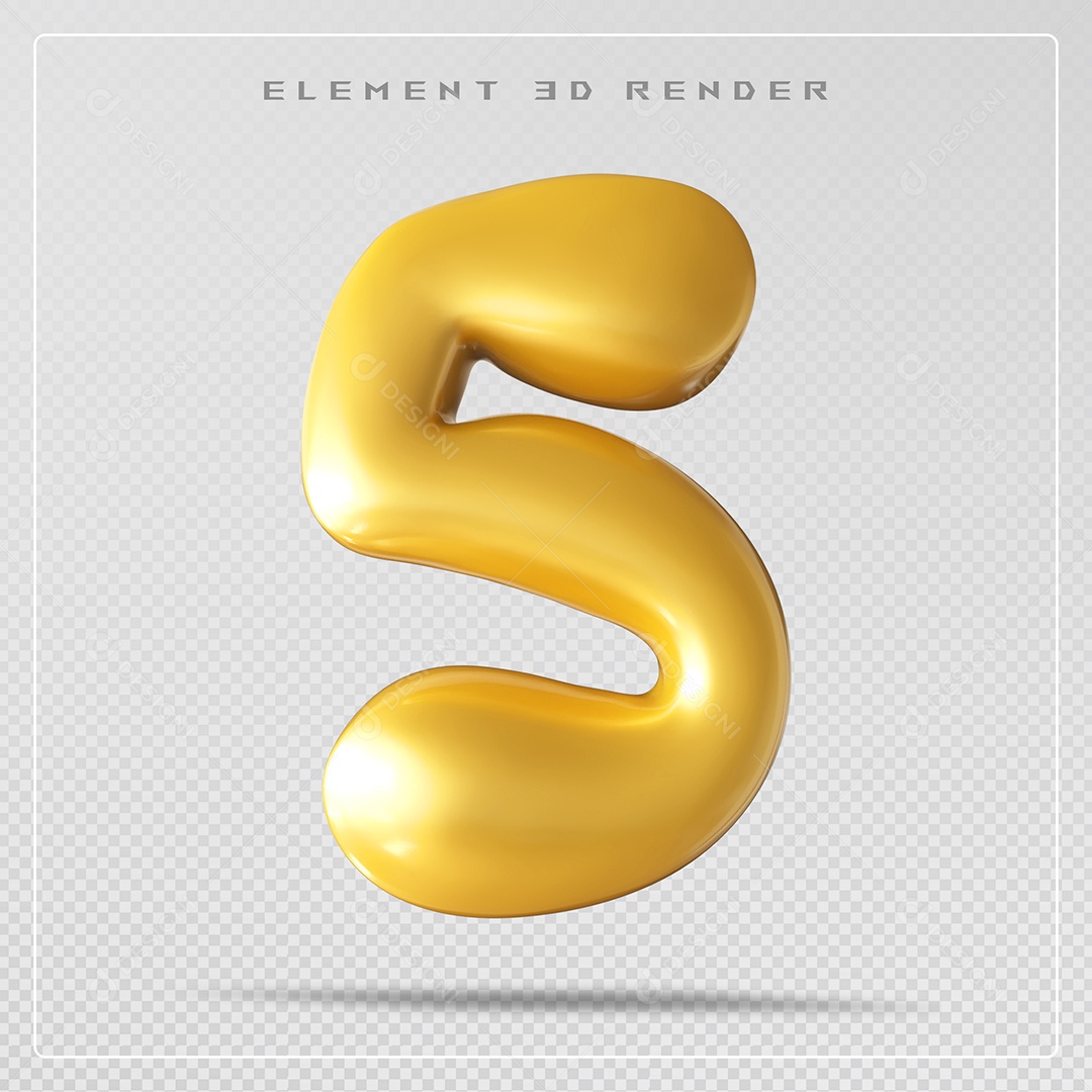 Elemento 3D Número 5 Dourado para Composição PSD