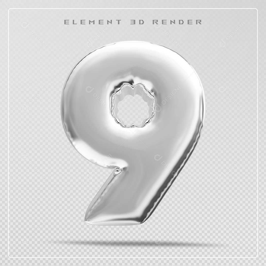 Elemento 3D Número 9 Prata para Composição PSD