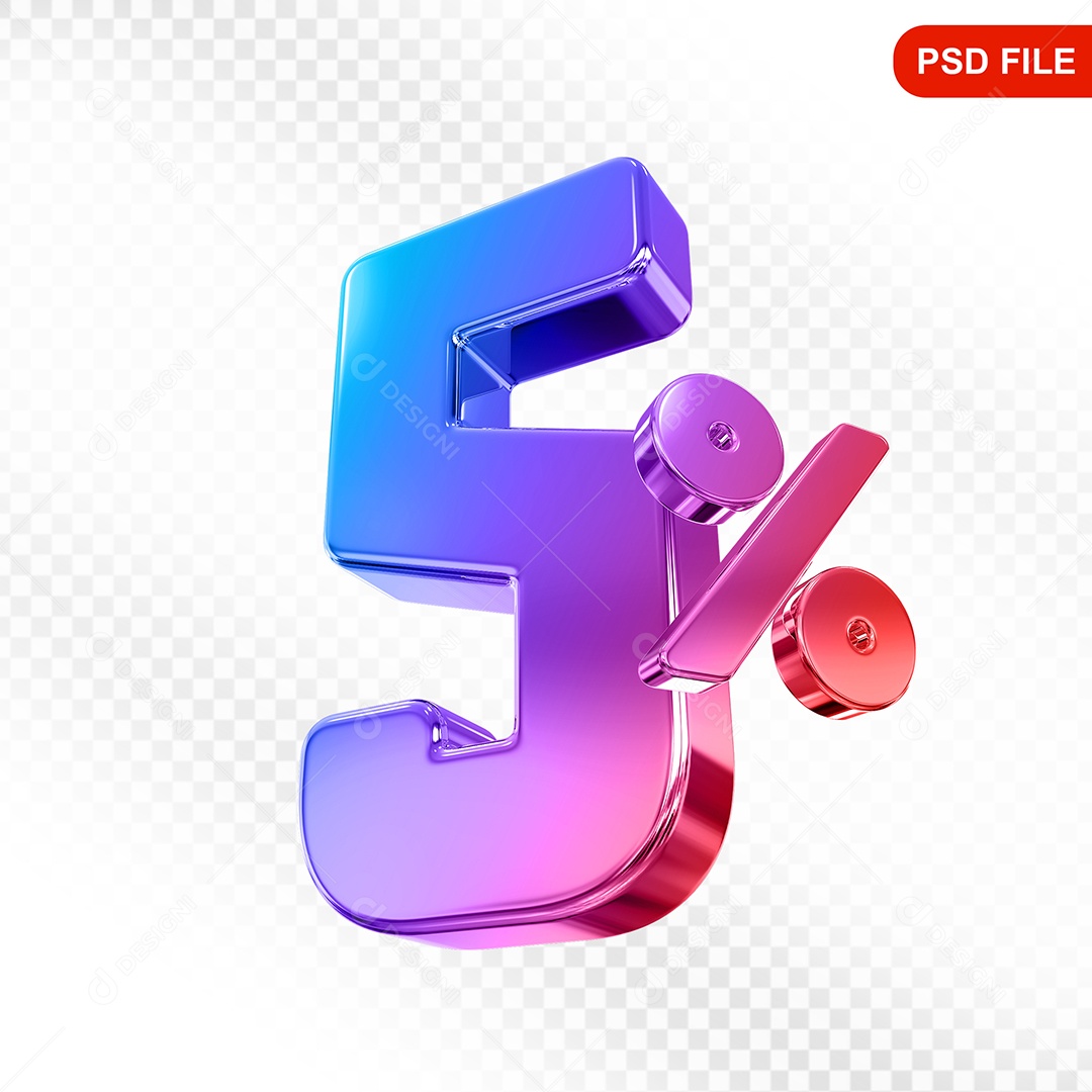 Elemento 3D Número 5% Colorido Para Composição PSD