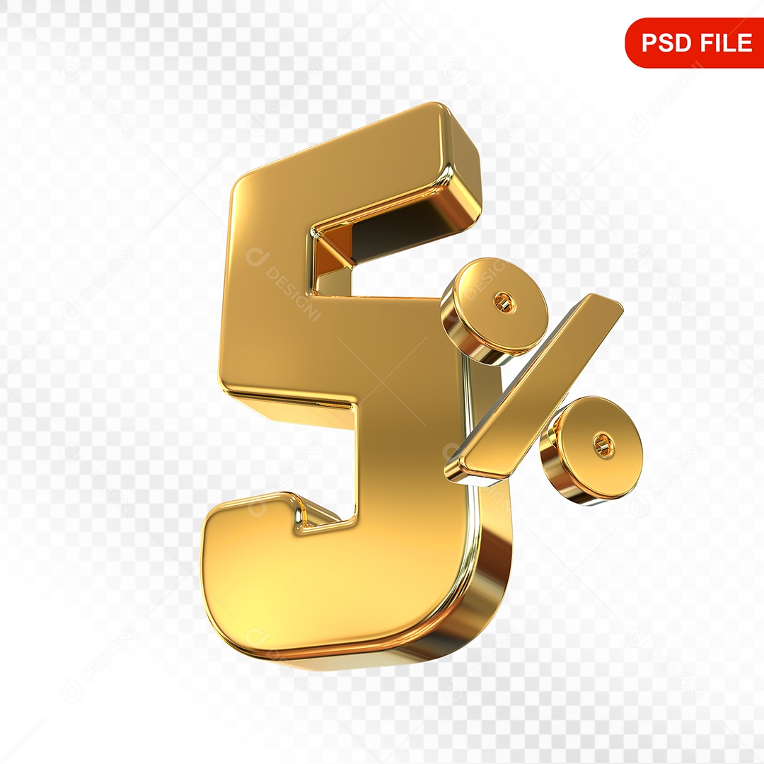 Elemento 3D Número 5% Dourado Para Composição PSD