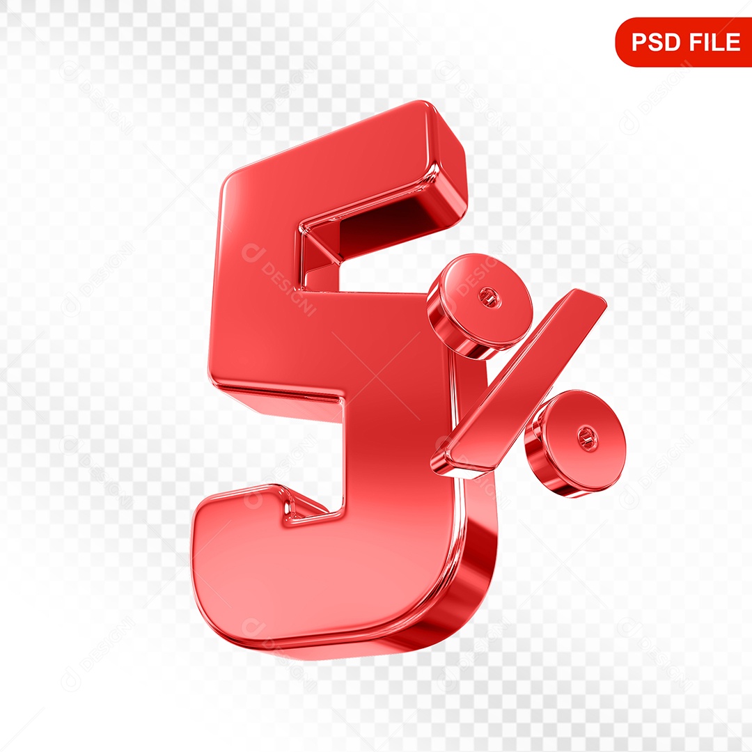 Elemento 3D Número 5% Vermelho Para Composição PSD