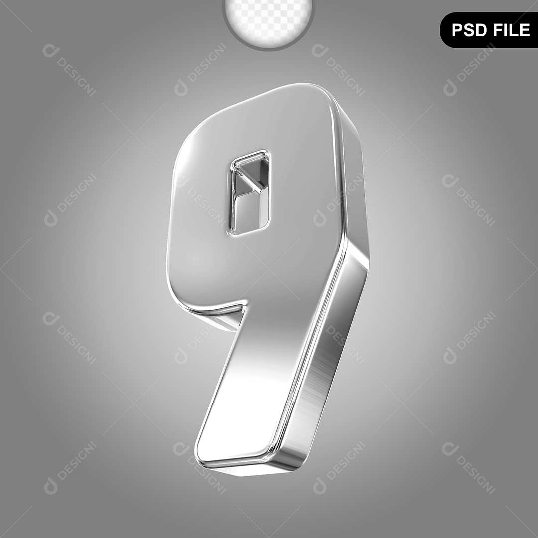 Elemento 3D Número 9 Prata Para Composição PSD
