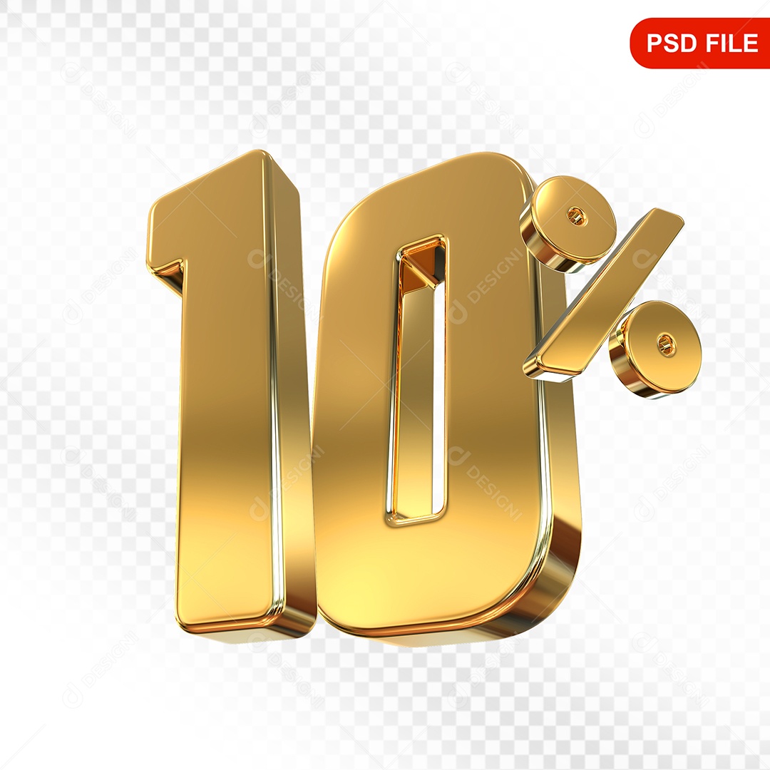 Elemento 3D Número 10% Dourado Para Composição PSD