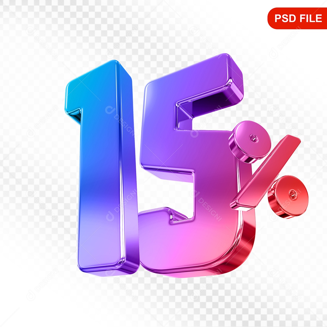 Elemento 3D Número 15% Colorido Para Composição PSD