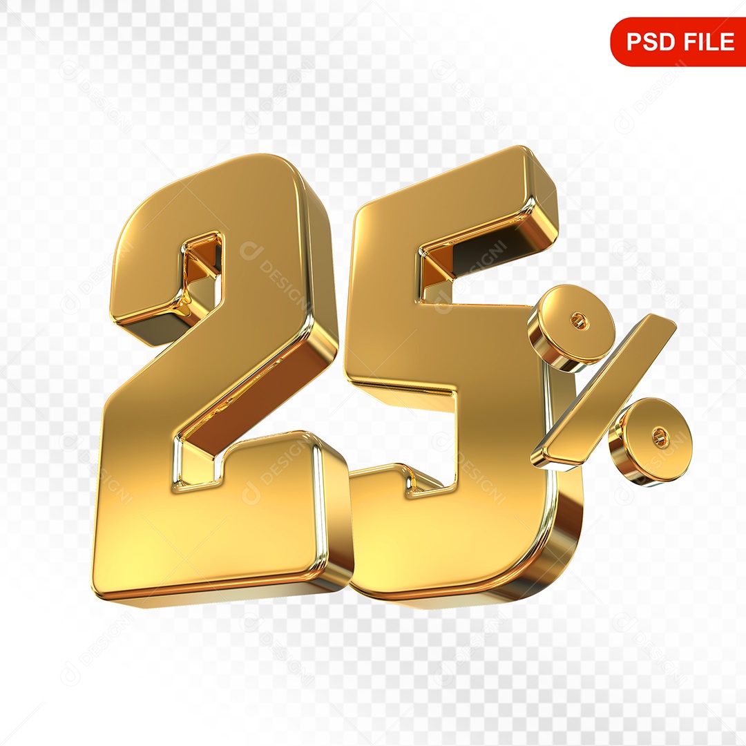 Elemento 3D Número 25% Dourado Para Composição PSD