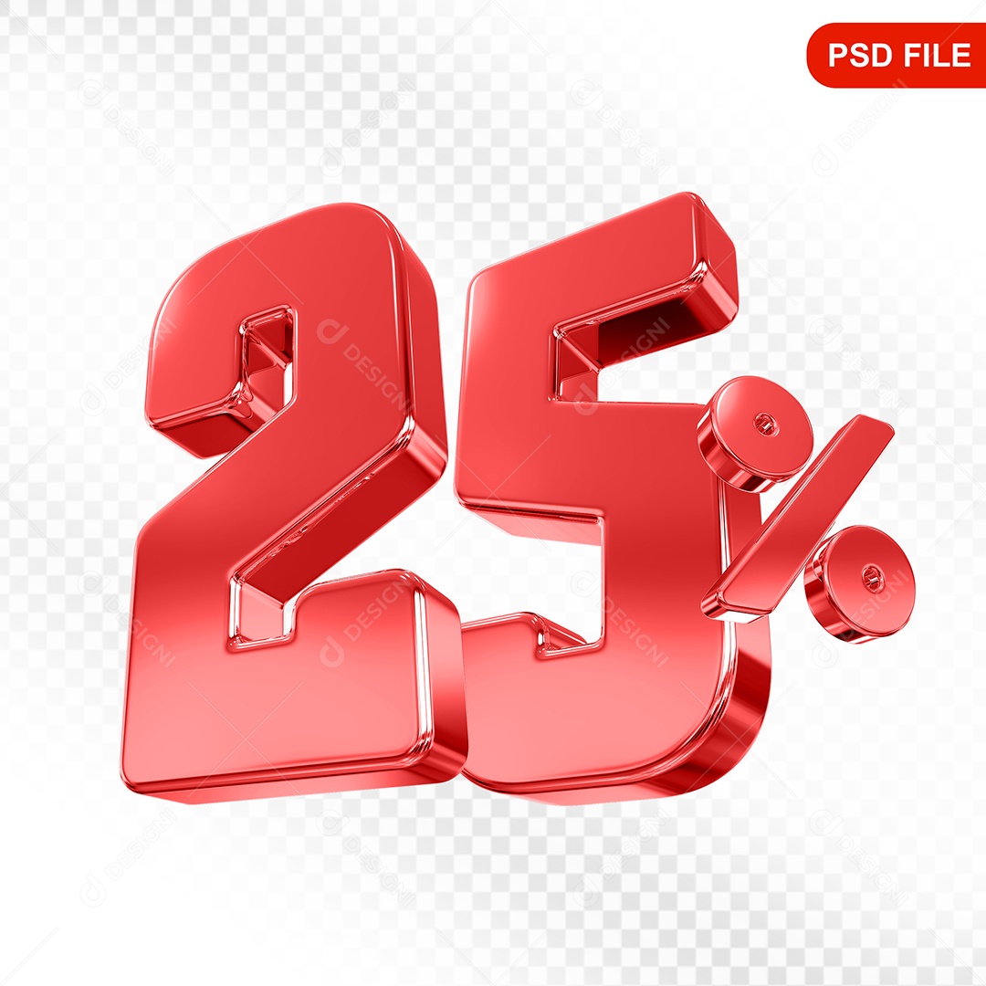 Elemento 3D Número 25% Vermelho Para Composição PSD