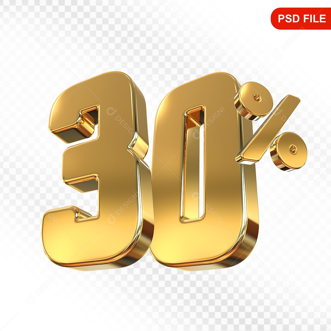Elemento 3D Número 30% Dourado Para Composição PSD