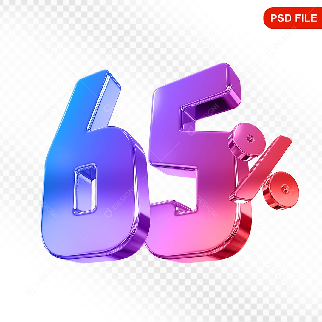 Elemento 3D Número 65% Colorido Para Composição PSD