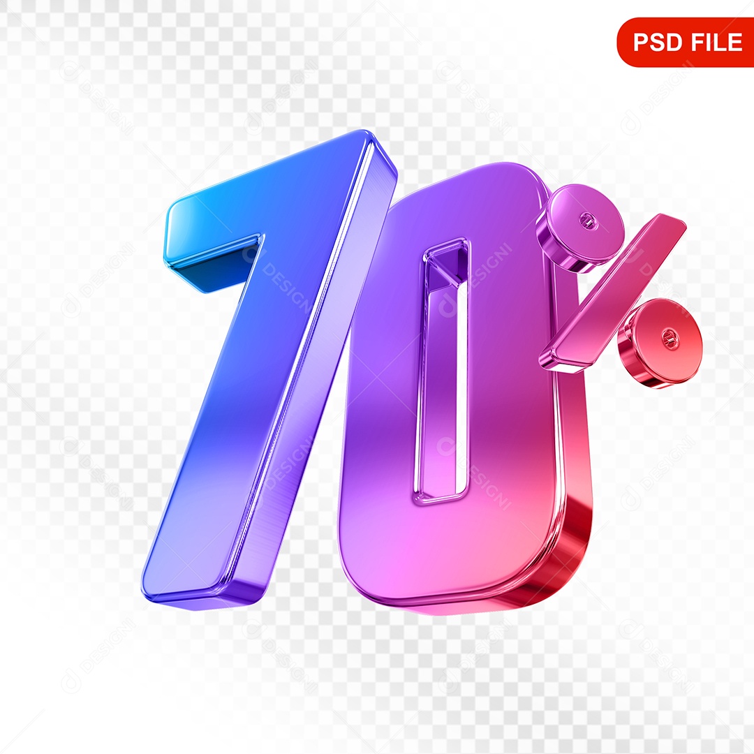 Elemento 3D Número 70% Colorido Para Composição PSD