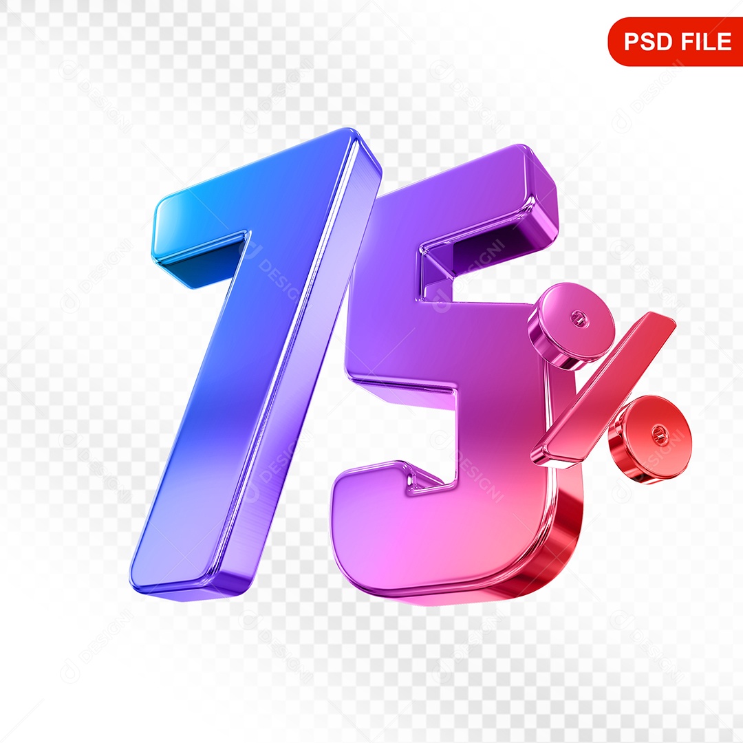 Elemento 3D Número 75% Colorido Para Composição PSD