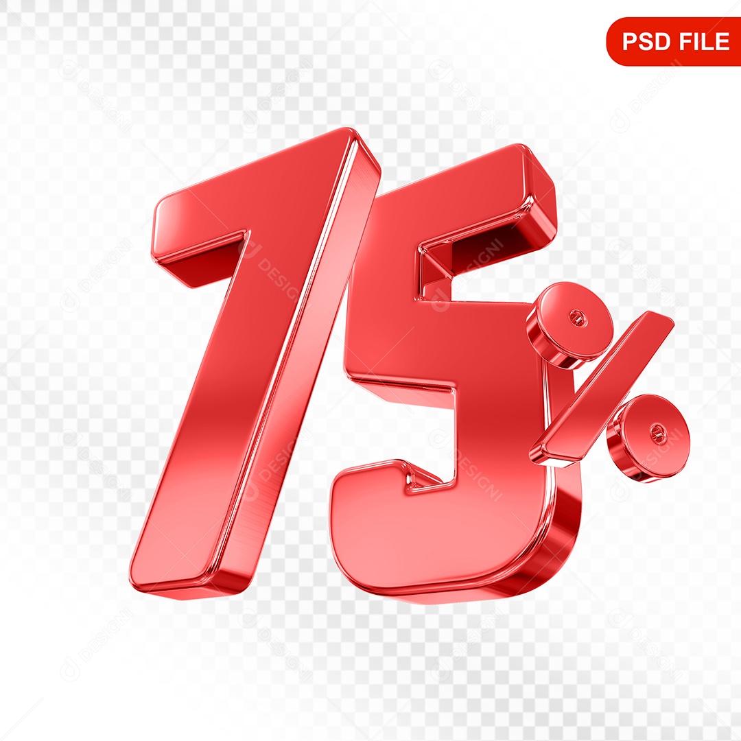 Elemento 3D Número 75% Vermelho Para Composição PSD