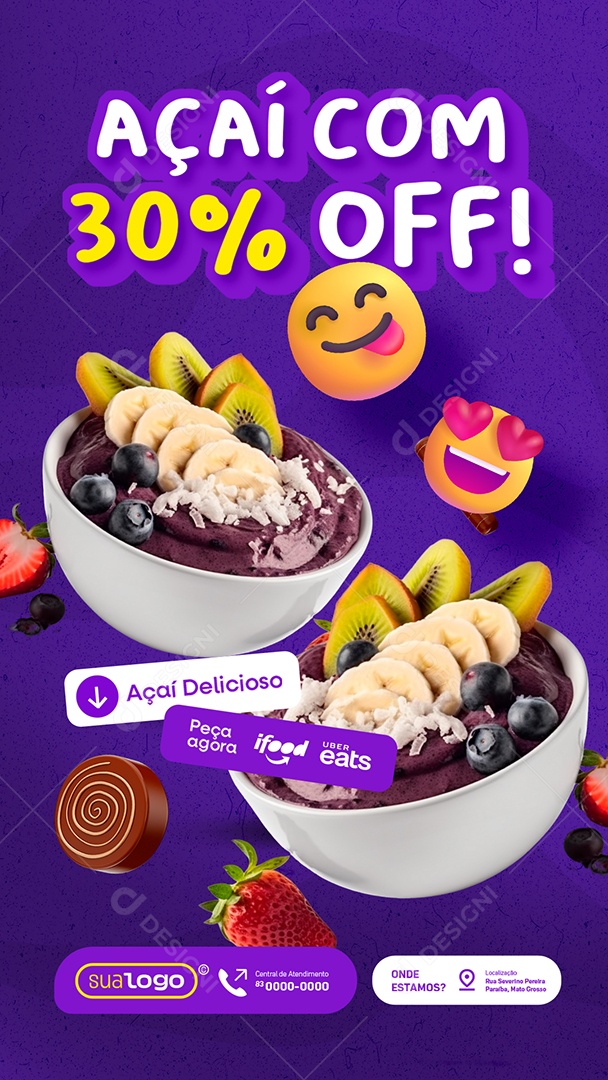 Story Açaiteria Açaí com 30% Off Açaí Delicioso Peça Agora Social Media PSD Editável