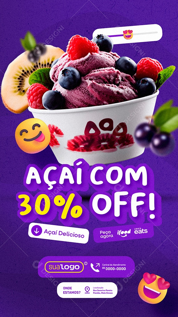 Story Açaiteria Açaí com 30% Off Açaí Delicioso Social Media PSD Editável