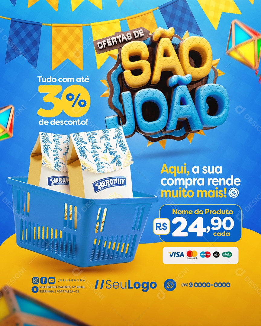 Ofertas De São João Supermercado Tudo com Até 30% de Desconto Social Media PSD Editável