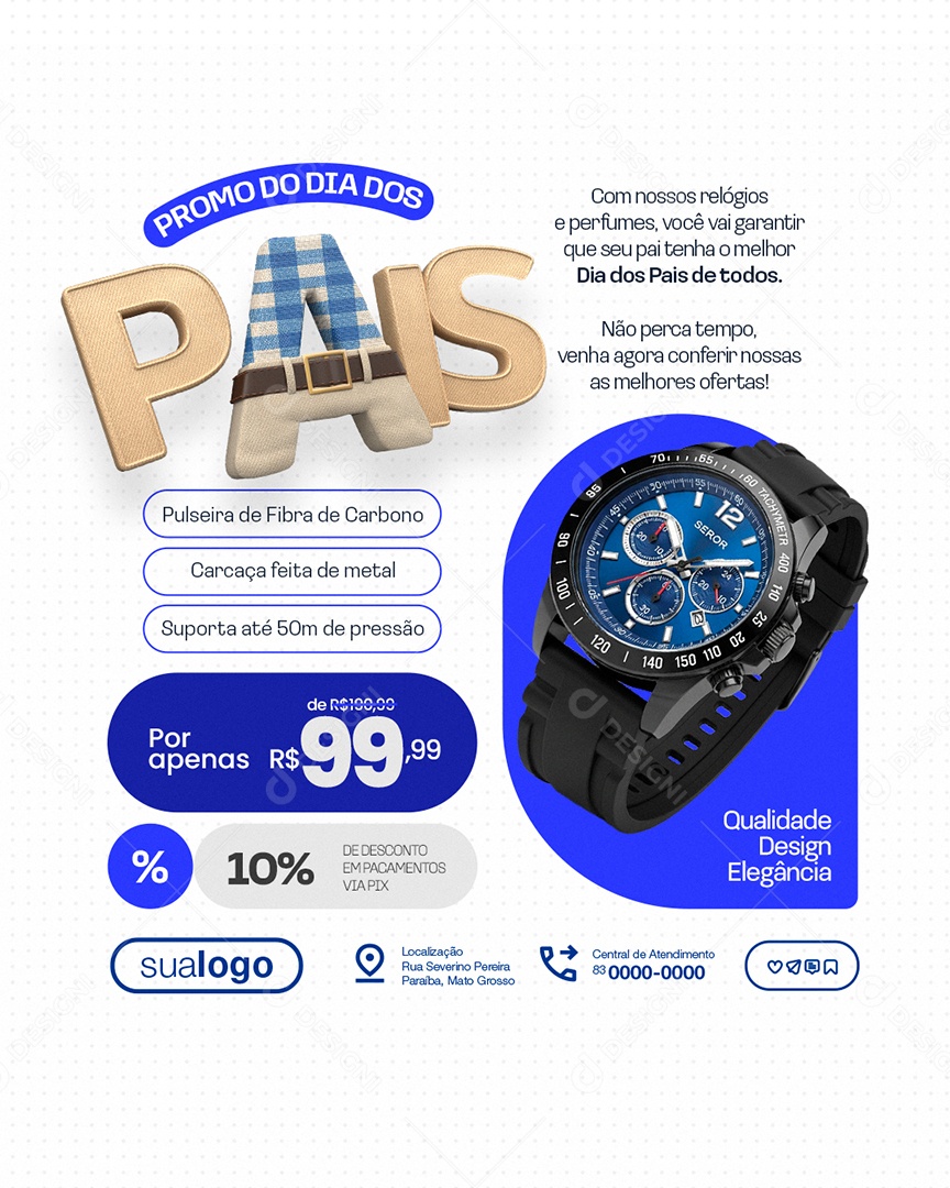 Promo Do Dia Dos Pais Presentes Pulseira de Fibra Carbono Relógio Social Media PSD Editável