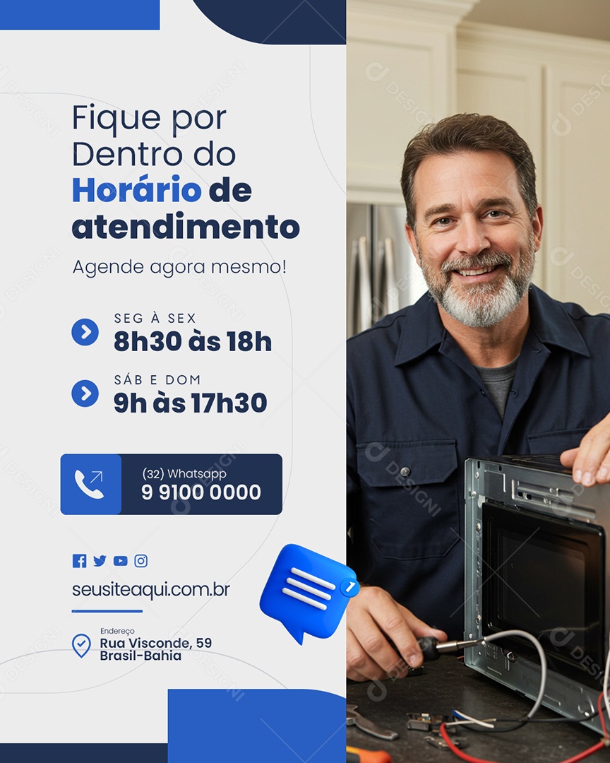 Técnico Fique Por Dentro do Horário de Atendimento Social Media PSD Editável