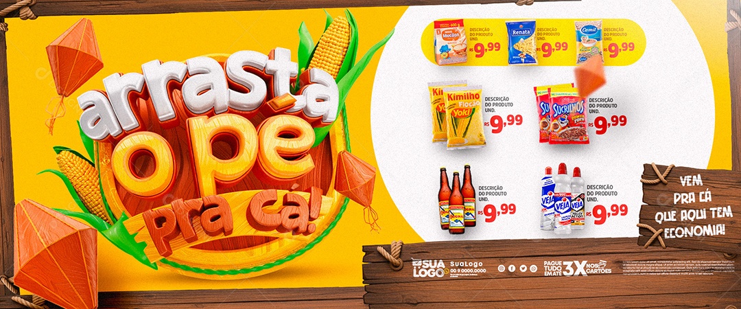 Banner Arrasta o Pé Promoções de Supermercado Social Media PSD Editável