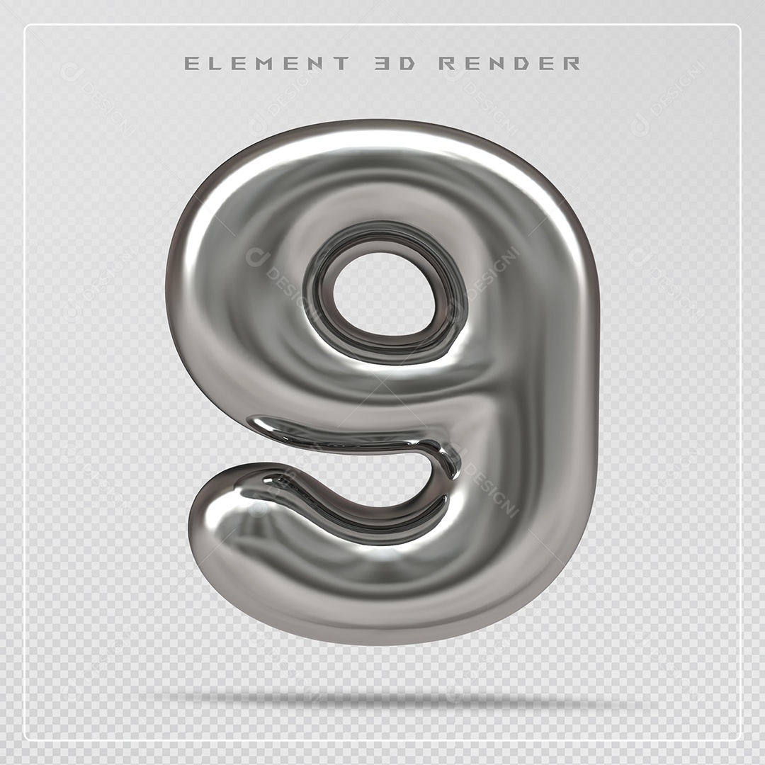 Elemento 3D Número 9 Prata para Composição PSD