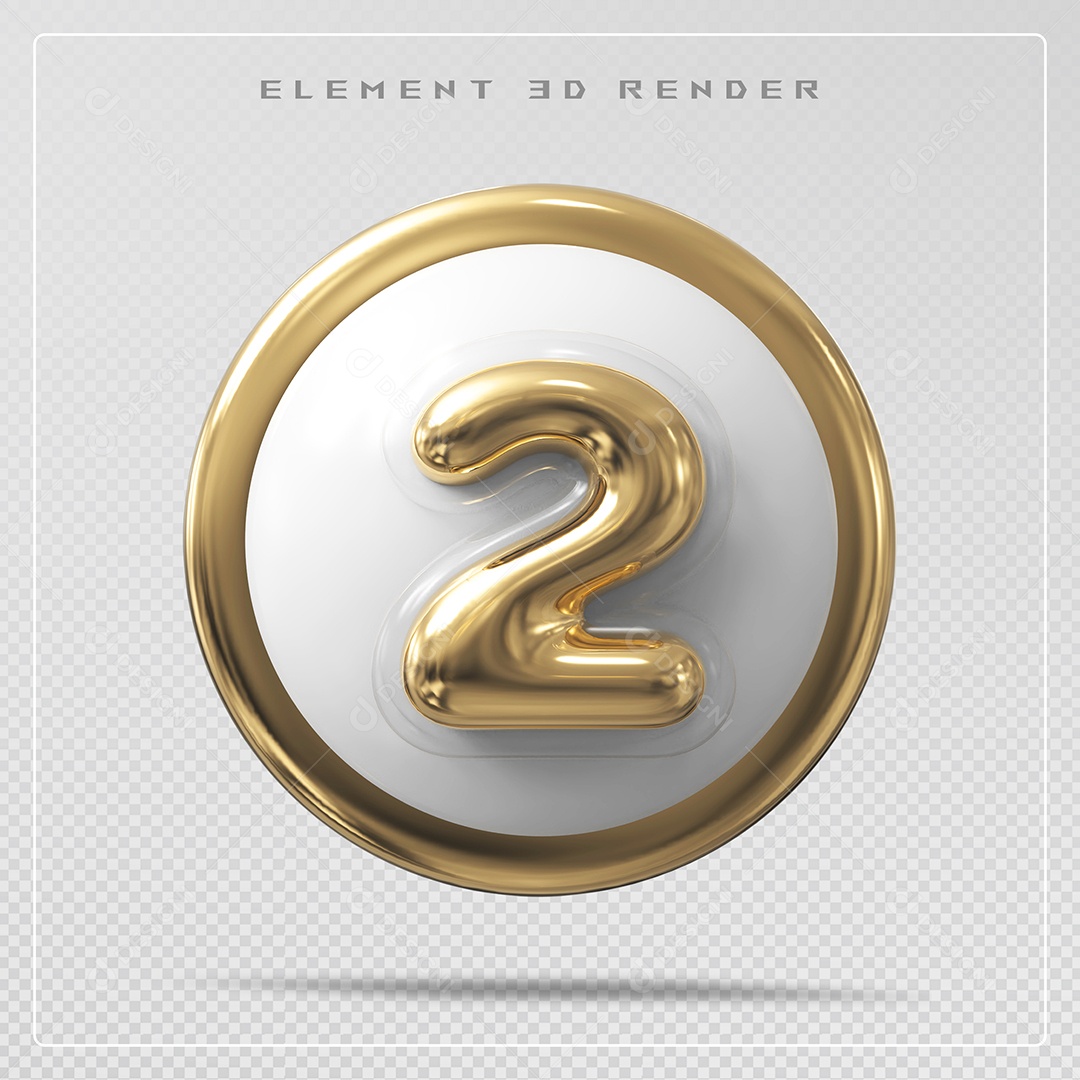 Elemento 3D Número 2 Dourado para Composição PSD