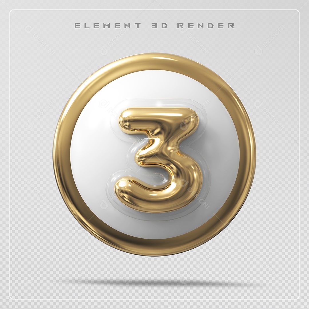 Elemento 3D Número 3 Dourado para Composição PSD