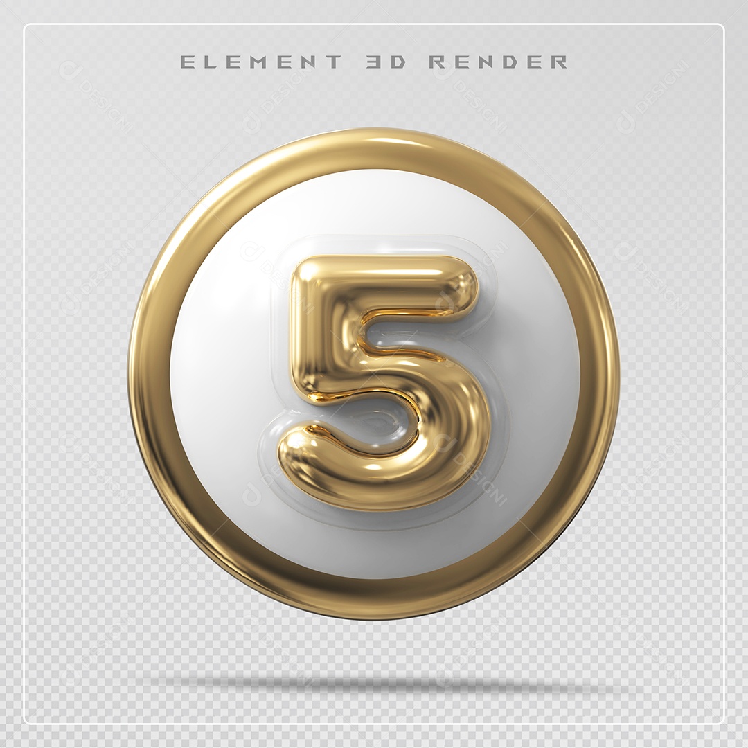 Elemento 3D Número 5 Dourado para Composição PSD