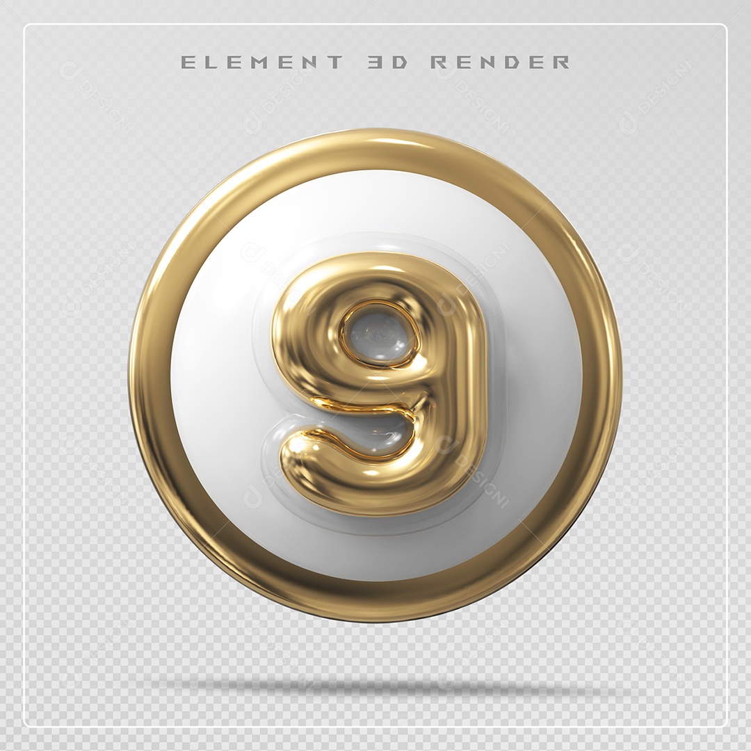 Elemento 3D Número 9 Dourado para Composição PSD