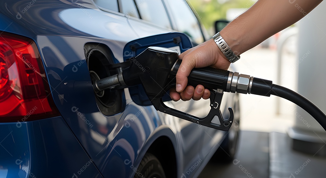 Pessoa abastecendo seu carro sobre um posto de gasolina
