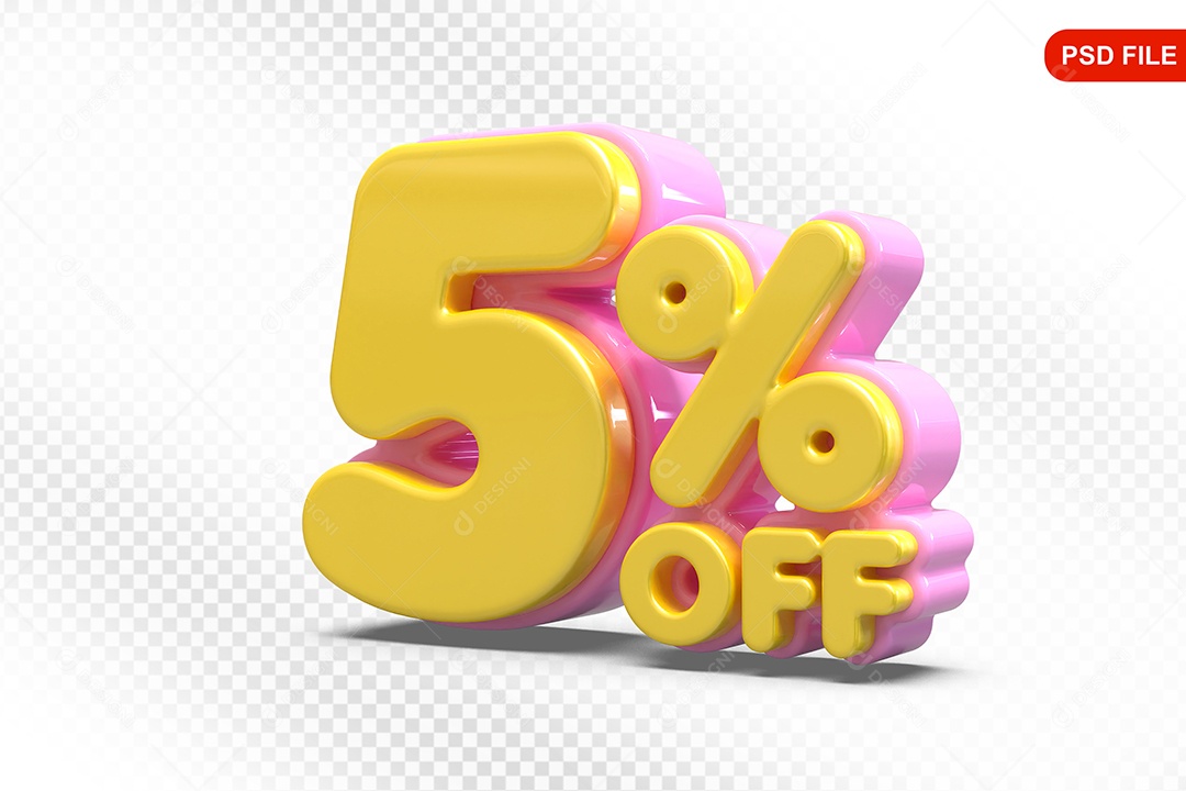 Elemento 3D Número 5% Amarelo com Rosa Para Composição PSD
