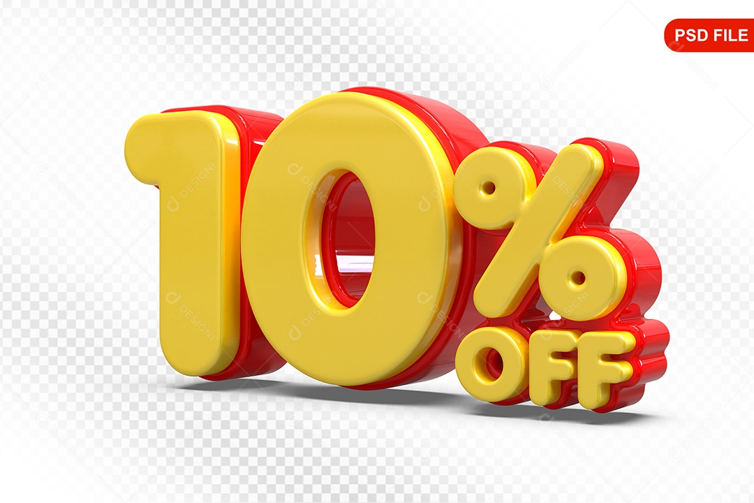 Elemento 3D Número 10% Amarelo com Vermelho Para Composição PSD